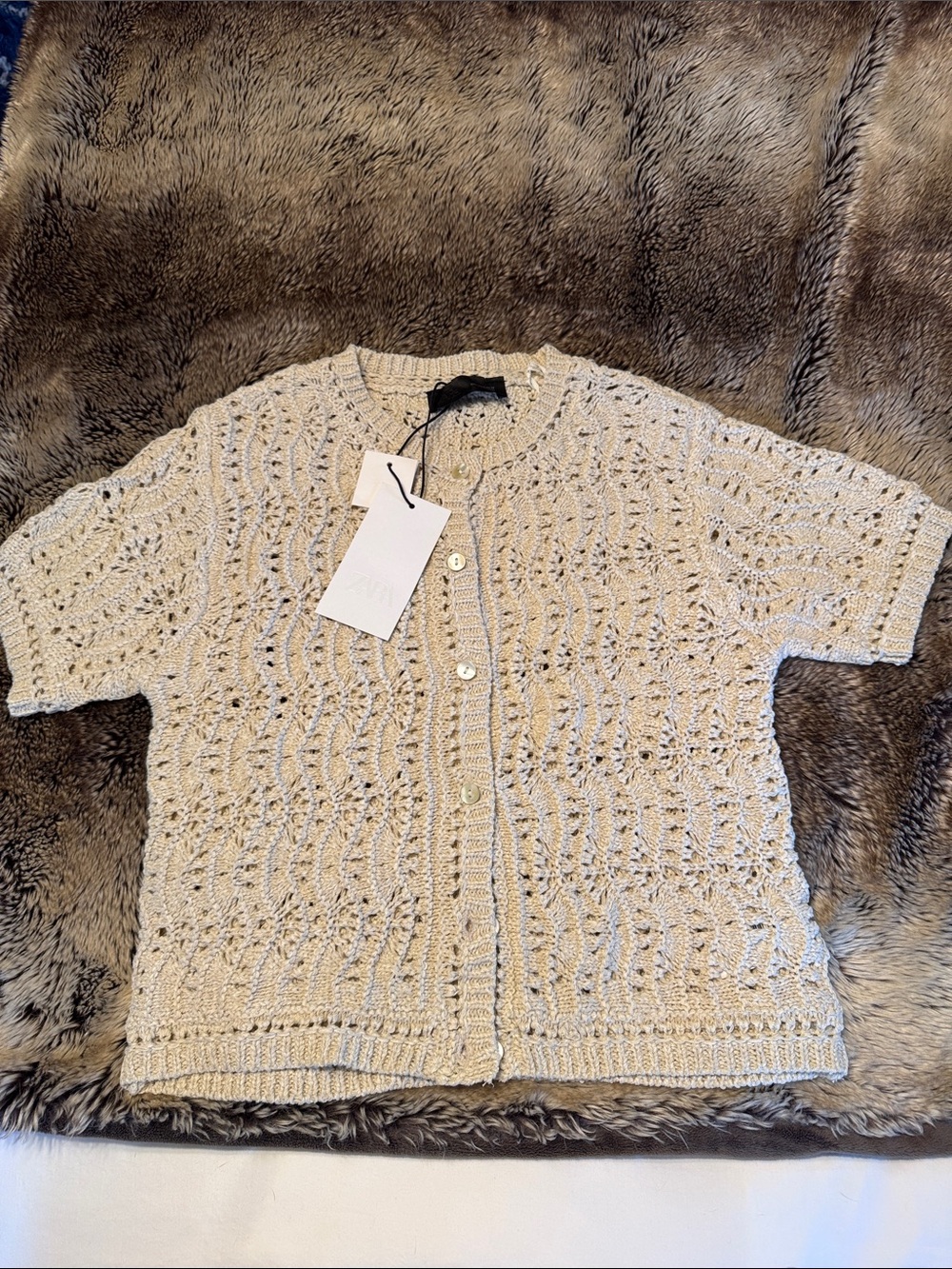 Zara Cream Openwork Short-Sleeve Button Front Cardigan